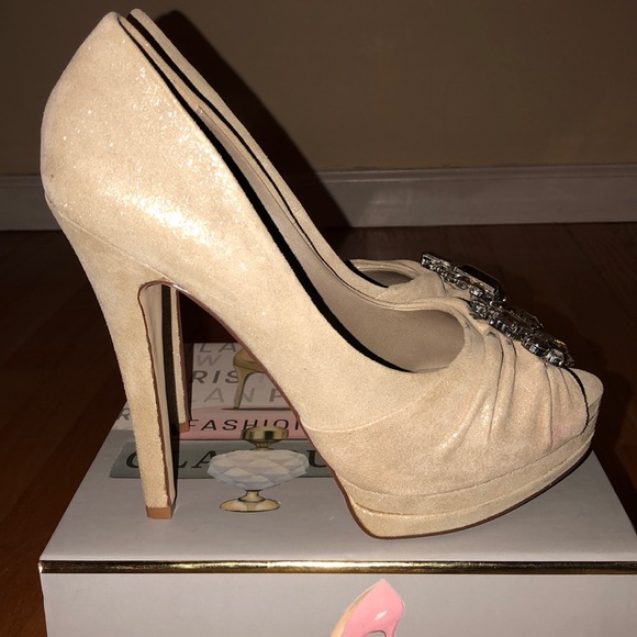 Aldo Champagne Embellished Open-Toe Pumps- Size 8 - Picture 5 of 6